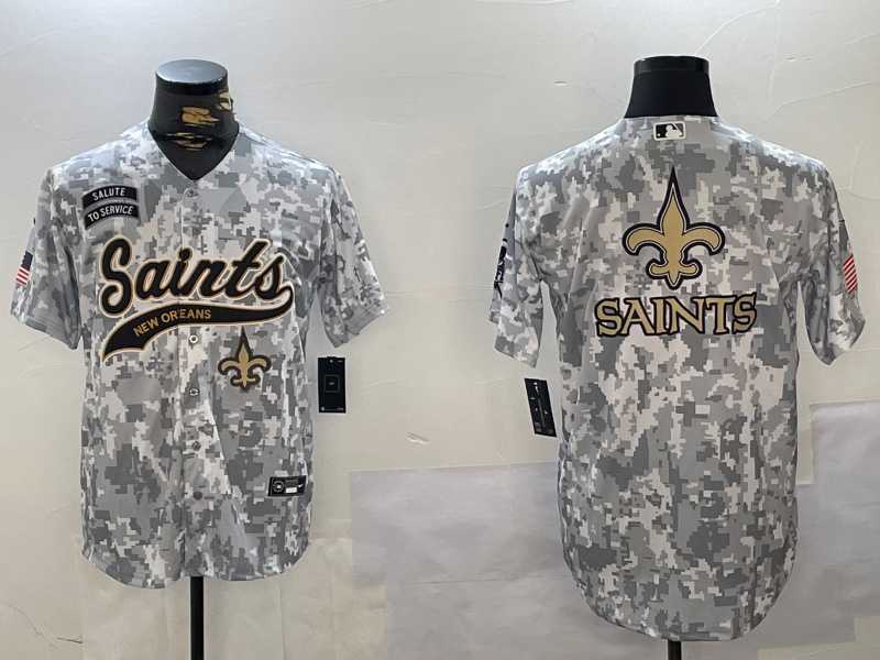 Mens New Orleans Saints Team Big Logo 2024 Arctic Camo Salute To Service Stitched Baseball Jersey